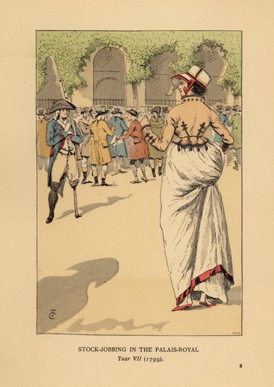 Moderigtig kvinde med en gruppe spekulanter eller agiotører, Paris. En etbenet revolutionær soldat står vagt. Lagerarbejde på Palais Royal, år VII af François Courboin