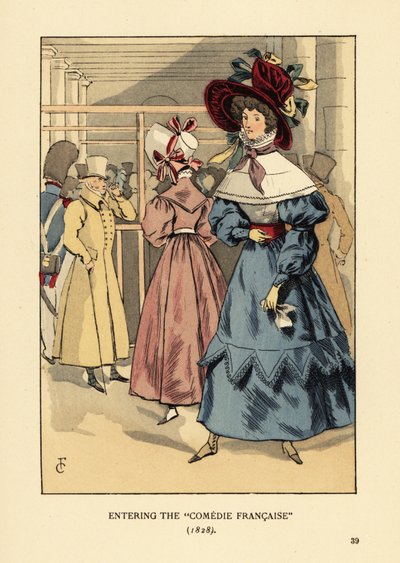 Moderigtige kvinder ved et skuespil, Paris. Kvinde i stor motorhjelm med bånd, kjole med høj krave, blondekappe eller pelerine og hele ærmer en baret. Ind i Comedie Francaise af François Courboin
