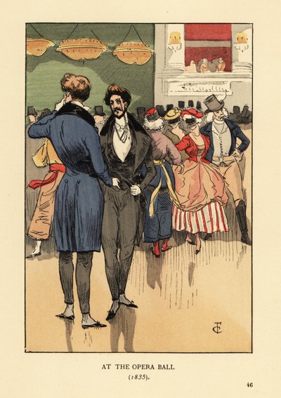 Fopper i frakke med halehale, vest, stramme bukser og hvide strømper. Bag dem folk i udklædning og masker. Ved operaballet 1835. Håndkoloreret litografi af R.V. efter en illustration af Francois Courboin fra Octave Uzanne
