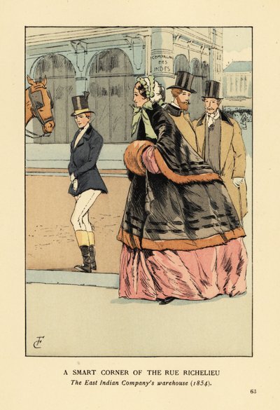 Kvinde i pelsforet kappe og muffe over en bred krinoline, med en anden kvinde i ridetøj. Et smart hjørne af rue de Richelieu, det ostindiske kompagnis lager, Paris af François Courboin