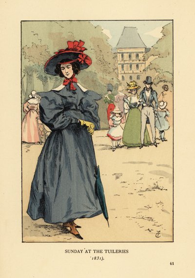 Kvinde promenerer i søndagens Bedst i parken. Hun bærer en bredskygget hat, kjole med fulde ærmer, ankelstøvler og bærer en parasol. Søndag i Tuilerierne af François Courboin