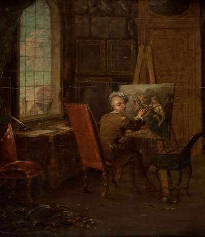 Selvportræt af kunstneren i sit atelier, hvor han holder en mahl-stick af Francois Eisen