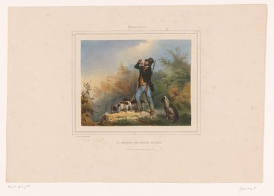 Vildtfoged med tre jagthunde Le départ du garde chasse (titel på objekt) Jægere med våben (serietitel) Chasses au Tir (serietitel på objekt) af François Grenier