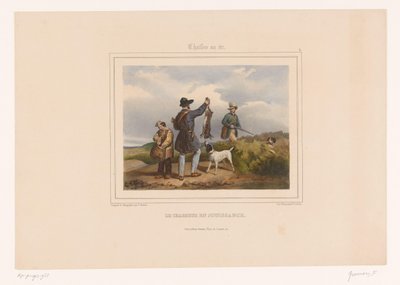 Hunter viser en anden jæger sin skudte hare Le chasseur en jouissance (titel på objekt) Jægere med våben (serietitel) Chasses au Tir (serietitel på objekt) af François Grenier