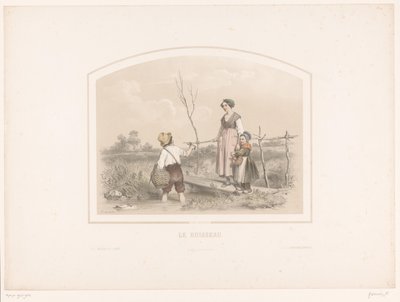 Dreng viser hummer til kvinde og barn ved et vandløb Le ruisseau (titel på objekt) af François Grenier