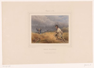To krybskytter jagter en hare Paysan braconnant (titel på objekt) Jægere med våben (serietitel) Chasses au Tir (serietitel på objekt) af François Grenier