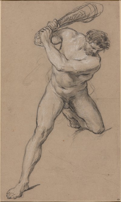 Hercules Raising his Club: Undersøgelse for "Hercules and Cacus" af François Le Moyne