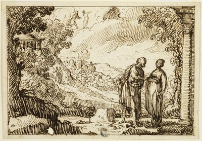 Uidentificeret mytologisk scene med mand og kvinde, der taler sammen i et klassisk landskab af François Roëttiers