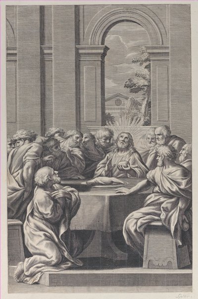 Den sidste nadver, det indre af en klassisk bygning med Kristus og hans apostlesæde..., 1660-81. af François Spierre