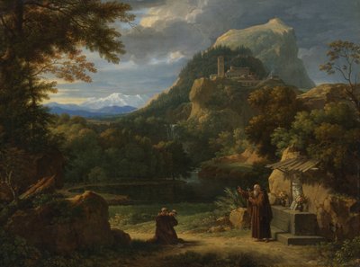 Sankt Antonius af Padua introducerer to novicer til brødre i et bjerglandskab af Francois Xavier Fabre