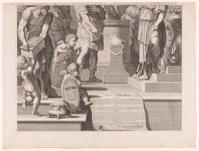 Mars sætter sit sværd i flammerne foran et tempel (nederste del) af François de Poilly (I)