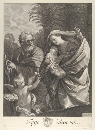 Flugten til Egypten, den hellige familie går sammen, Saint Joseph peger på t..., ca. 1648-81. af François de Poilly