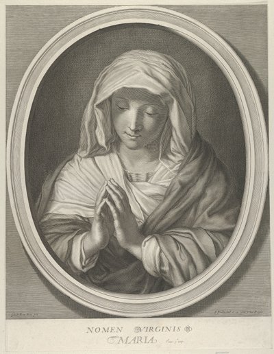 Jomfruen i bøn ser ned, i en oval ramme, efter Reni, 1640-93. af François de Poilly