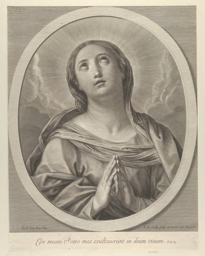 Jomfruen i bøn, ser op med skyer bag sig, i en oval ramme, efter Reni, ..., 1648-81. af François de Poilly