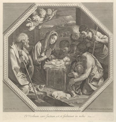 Tilbedelsen af hyrderne, der knæler sammen lige foran det spæde Kristus..., ca. 1655-93. af François de Poilly