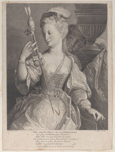 Ung kvinde spinder tråd til en pil, 1686-1741. af François de Poilly