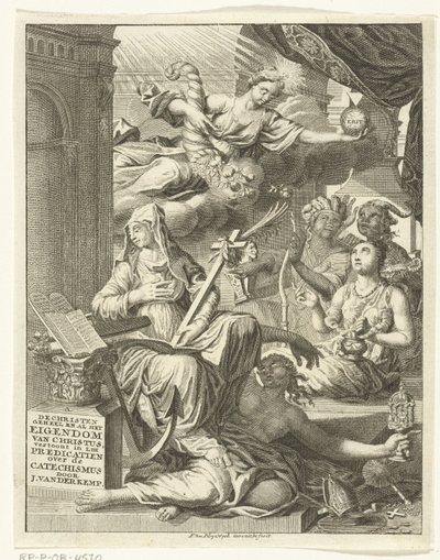 Allegori med kvindelige personifikationer af blandt andet sandheden og dyder og laster Titelside for: Johannes van der Kemp, Kristen helt ejet af Kristus i liv og død, viser i treoghalvtreds prædikener om det hellige af François van Bleyswijck