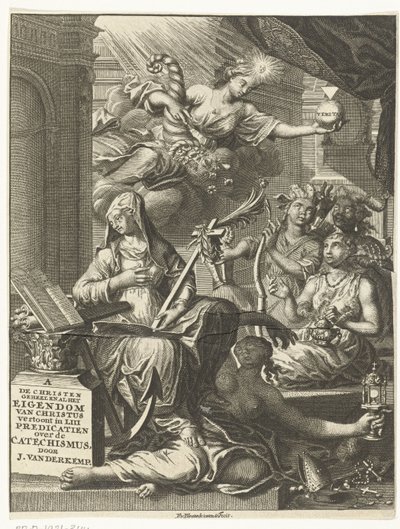 Allegori med kvindelige personifikationer af blandt andet sandheden og eventuelt dyder og laster Titelblad for: Johannes van der Kemp, Den kristne tilhører helt og holdent Kristus i liv og død, viser i treoghalvtreds prædikener o af François van Bleyswijck