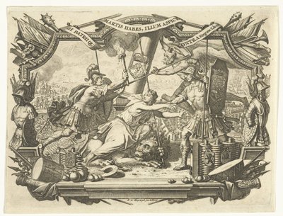 Hollandsk jomfru bliver angrebet af soldat og beskyttet af Fader Time i ramme med våbentrofæer af François van Bleyswijck