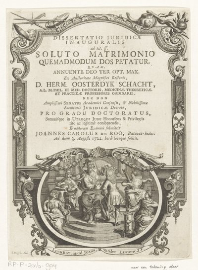 Minerva lauwert schrijver Titelside for: Johannes Carolus de Roo, Dissertatio juridica inauguralis, ad tit. ff. efter et opløst ægteskab, hvorledes medgift begæres, 1722 af François van Bleyswijck