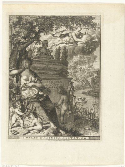 Muse og putti sidder ved digteren Arnold Moonens grav Titelside for: Arnold Moonen, Continued der poëzye, Delft 1720 Fortsættelse af A. Moonens Poezy (titel på objekt) af François van Bleyswijck