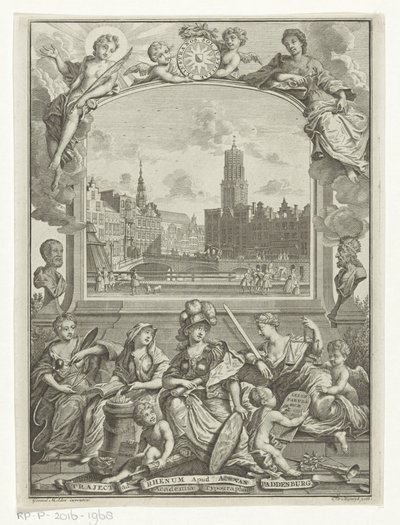 Bybillede med Domkirken i Utrecht og allegori med Minerva og dyder af François van Bleyswijck