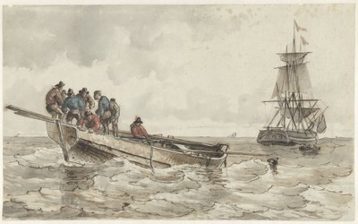 Otte mænd i en robåd nær et sejlskib af Frans Arnold Breuhaus de Groot