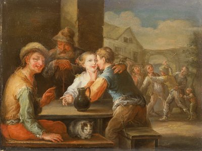 En tigger, der griner af et kurtørende par (olie) af Frans Christoph Janneck