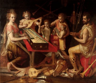 Musikkarakterer vetus har den ældgamle omkreds af musikinstrumenter, der udgør en allegori. Maleri af Frans Floris (1515-1570) 1500-tallets gener, privat samling af Frans Floris