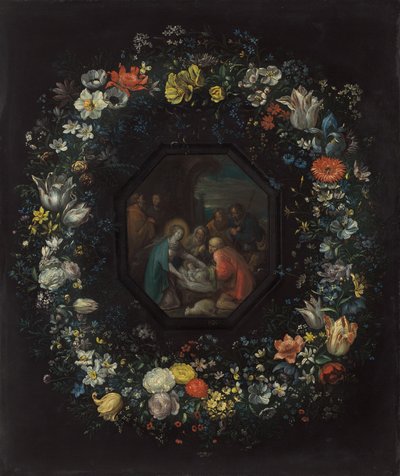 Blomsterkrans med tilbedelse af hyrderne, ca. 16251630 af Frans Francken II