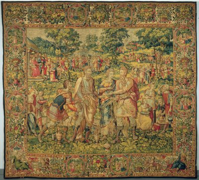 Kong Abimelech genopretter Sara til sin mand, Abraham, 1580 (tæppevæv, uld og silke) af Frans Geubels