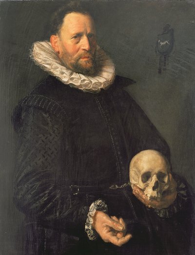Portræt af en mand med kranie, ca.1611-12 (panel) af Frans Hals