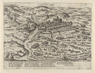 Belejring af Saint-Quentin, 1557 S. Quintin belägert (titel på objekt) Serie 2: Begivenheder i Holland, 1555-1558 (serietitel) af Frans Hogenberg