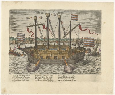 Skibet Fin de la guerre, 1585 Fin de la guerre (titel på objekt) Serie 9: Hollandske og tyske begivenheder, 1583-1587 (serietitel) af Frans Hogenberg