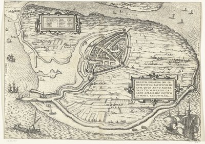 Kort van het eiland Voorne en plattegrond van Brielle, 1572 Brillium, Holland op. på grund af den indbyrdes hollandske krig, som i året for Frelsens sejr 72 e.Kr. i aprilvarmen begyndte han her, berømt (titel på objektet) af Frans Hogenberg