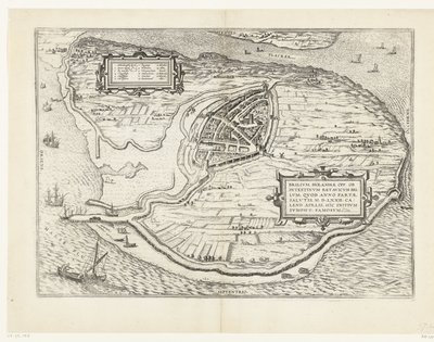 Kort van het eiland Voorne en plattegrond van Brielle, 1572 Brillium, Holland op. på grund af den indbyrdes hollandske krig, som i året for Frelsens sejr 72 e.Kr. i aprilvarmen begyndte han her, berømt (titel på objektet) af Frans Hogenberg