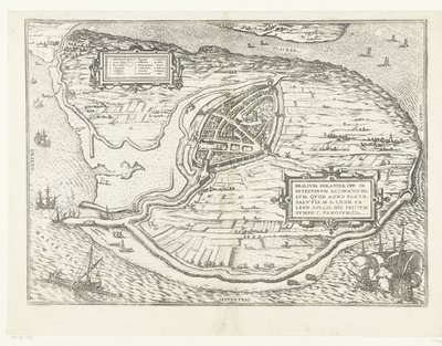 Kort van het eiland Voorne en plattegrond van Brielle, 1572 Brillium, Holland op. på grund af den indbyrdes hollandske krig, som i året for Frelsens sejr 72 e.Kr. i aprilvarmen begyndte han her, berømt (titel på objektet) af Frans Hogenberg