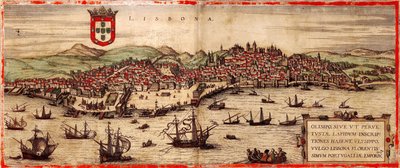 Udsigt over Lissabon og Tejo-floden Fra: Verdenskort, 1572 af Frans Hogenberg