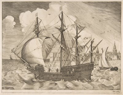 Bevæbnet fire-skibsfører ud på havet fra sejlskibene, ca. 1555-56. af Frans Huys