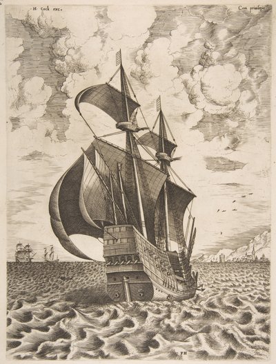 Bevæbnet firemester sejler mod en havn fra sejlfartøjerne, 1561-65. af Frans Huys