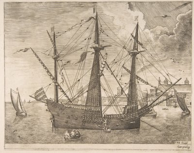 Bevæbnet tre-mester forankret nær en by fra sejlfartøjerne, ca. 1555-56. af Frans Huys