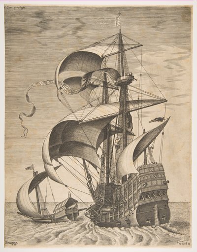 Bevæbnet tremester på åbent hav ledsaget af en kabys, fra serien Sailing Ves..., 1561-65. af Frans Huys