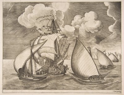 Galejerflåde eskorteret af en karavel fra sejlfartøjerne, 1561-65. af Frans Huys