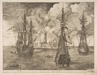 Firemester til venstre og to tremester forankret nær en befæstet ø med et lys..., 1561-65. af Frans Huys