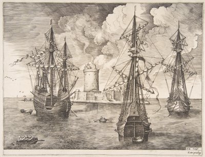 Fire-mester og to tre-master forankret nær en befæstet ø fra The Sailing Ves..., 1561-65. af Frans Huys