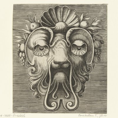 Maske med skalformede øjne og en skal mellem frugtklaser på panden Pourtraicture ingenieuse de plusieurs facons de masques... (serietitel) af Frans Huys