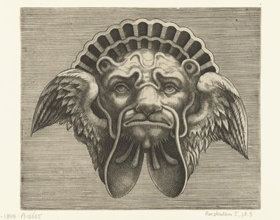 Maske med vinger i stedet for ører og en hovedbeklædning i form af en skal Pourtraicture ingenieuse de plusieurs facons de masques... (serietitel) af Frans Huys
