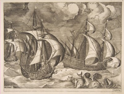 Tre karaveller i en stigende byge med Arion på en delfin fra The Sailing Vessels, 1561-65. af Frans Huys