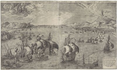 Zeeslag i Straat van Messina En optisk tegning af siculi-kysten eller mamertina vulgo og Messinas fyrtårn (titel på objektet) af Frans Huys