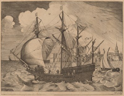 Bevæbnet fire-mester sætter ud på havet af Frans Huys after Pieter Bruegel the Elder